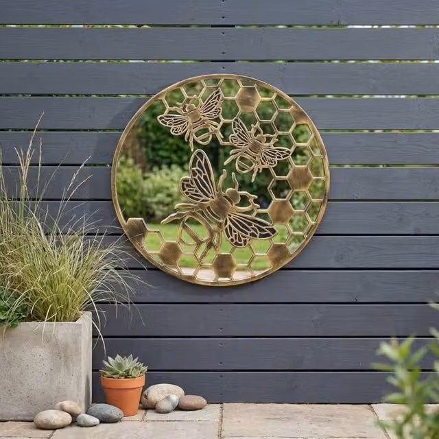 Garden Greatness Large Honeycomb Bee Geometric Metal Hanging Garden Mirror in Bronze