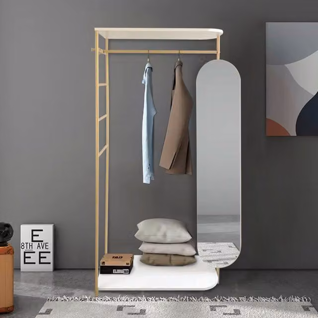 Livingandhome Modern Metal Clothes Rail with Mirror in Gold
