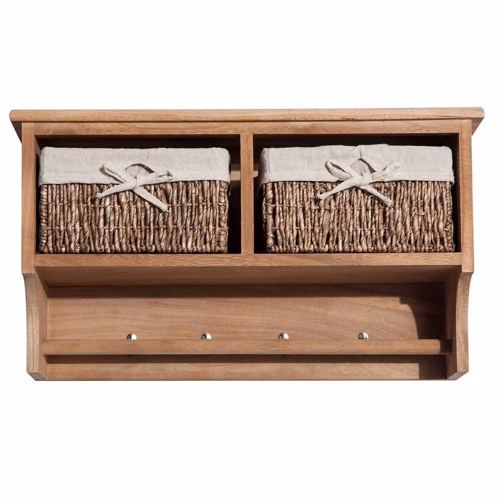 STILVORA Wall Mounted Shelf with Hooks and 2 Rattan Baskets in Brown – 4