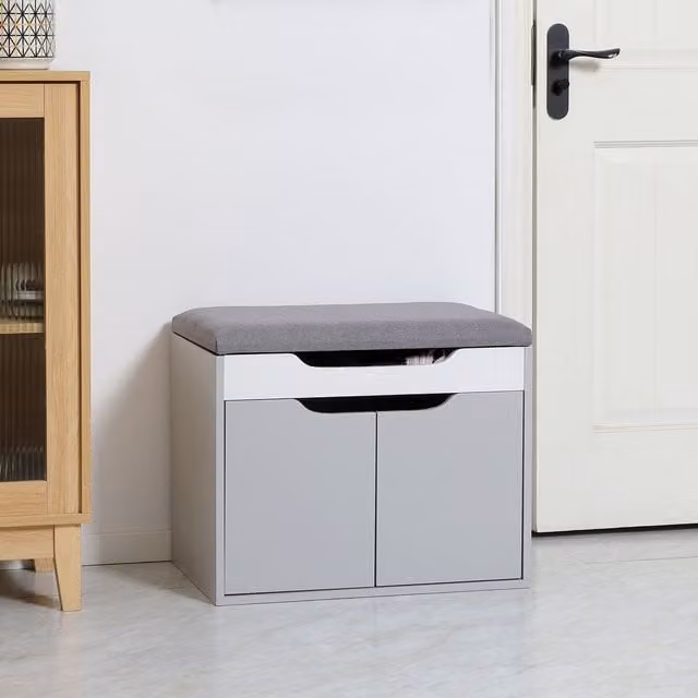 HOMCOM Modern Shoe Storage Bench with Cabinet, Adjustable Shelf and Fabric Cushion in Grey