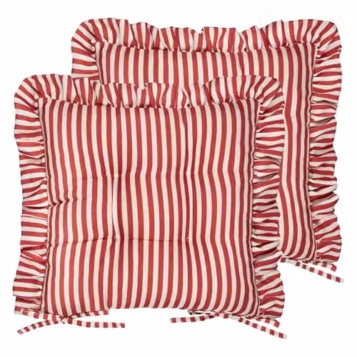 Riva Home Millie Ruffle Seat Pads, Pack of 2, Red Heritage Stripe Indoor Outdoor Dining and Patio Chair Cushions with Ties, W/D/H: 40 x 40 x 40 cm – 1