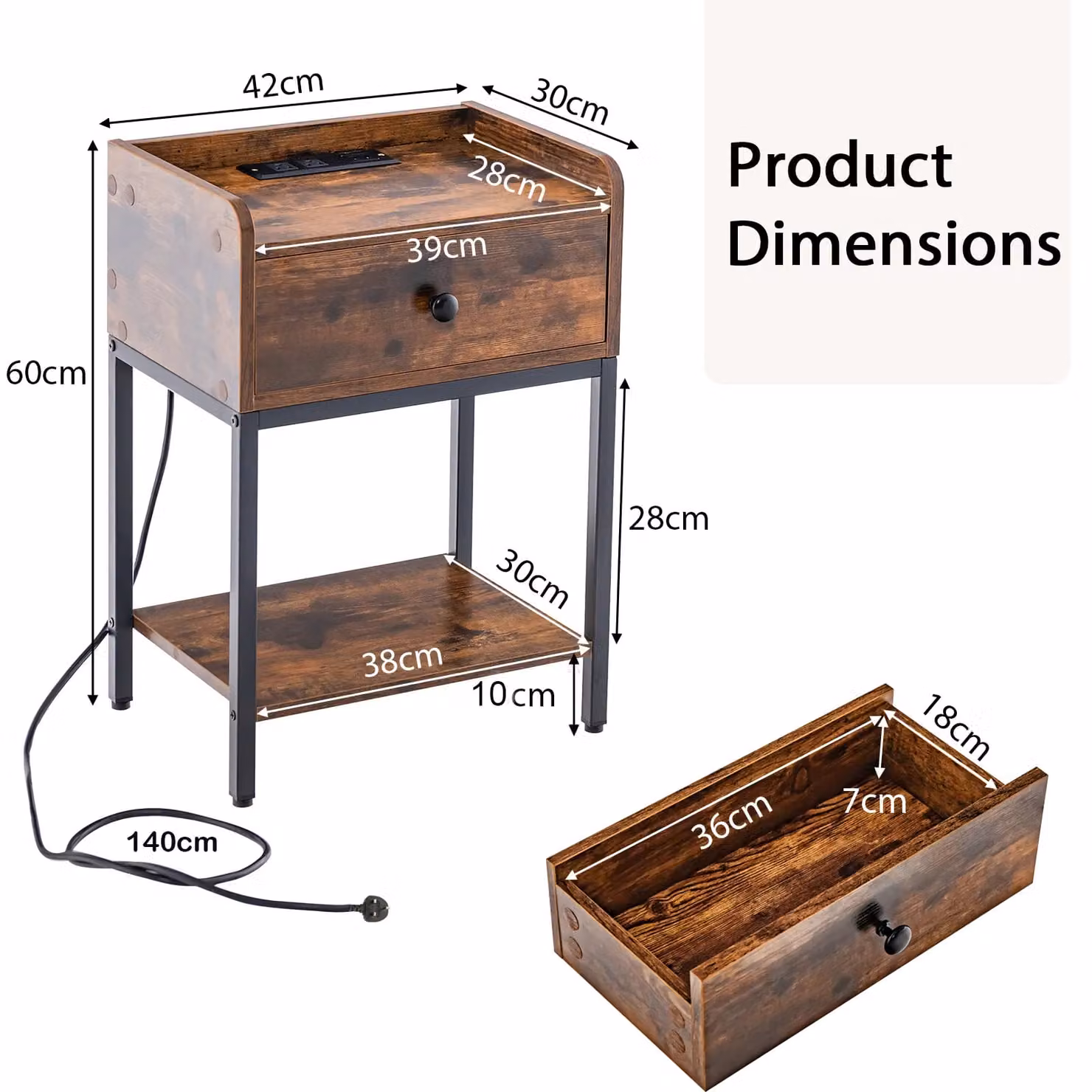 Gymax Industrial Bedside End Table with Charging Station and Drawer in Brown – 5