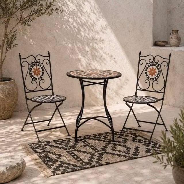 Wyld Haus Rakamo 3 Piece Mosaic Bistro Set with Ceramic Top and Folding Chairs in Black and Multicolour