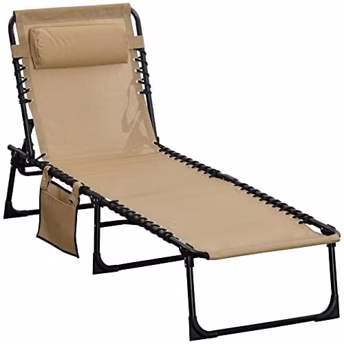 Outsunny Portable Folding Camping Bed Cot with Adjustable Headrest and Side Compartments, Beige, W/D/H: 190 x 68 x 30 cm – 1