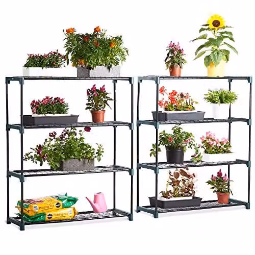 VonHaus 4 Tier Steel Greenhouse Shelving Staging Unit, Pack of 2, Black and Green, H 107.5 cm x W 90 cm x D 30.5 cm