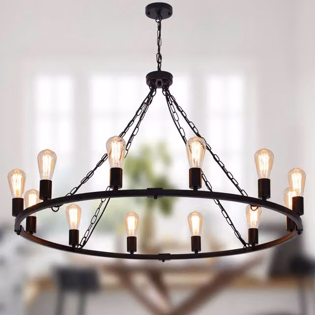 NIVOR Black Waggon Wheel Chandelier, Adjustable 12-Light Modern Metal Pendant for Kitchens, E27 – 1