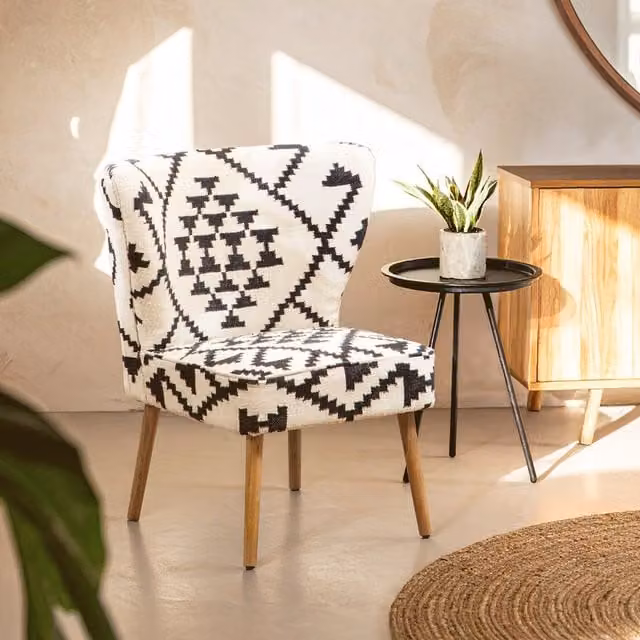 Fifty Five South Orsina Berber Style Mango Wood Geometric Wingback Armchair with White Multicolour Textured Cotton Upholstery