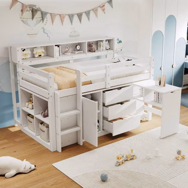 Merax White Mid Sleeper Childrens Storage Bed with Pull Out Desk and Drawers, W/D/H: 190 x 90 x 160 cm – 1