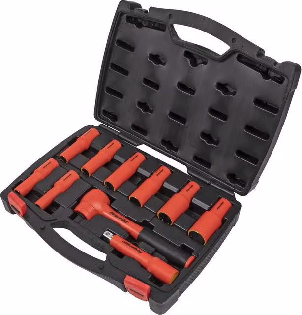 Loops 10-Piece VDE Insulated Socket and Ratchet Handle Set, 1/2 Inch Square Drive, 6-Point Metric, Red and Multicolour – 1