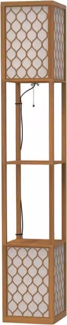 HOMCOM Modern Tall Floor Lamp with Shelves and White Fabric Lampshades in Natural Wood Finish