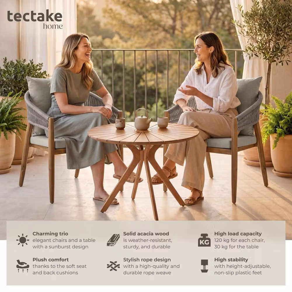 tectake 3-Piece Rustic Acacia Wood Garden Set in Grey – 2