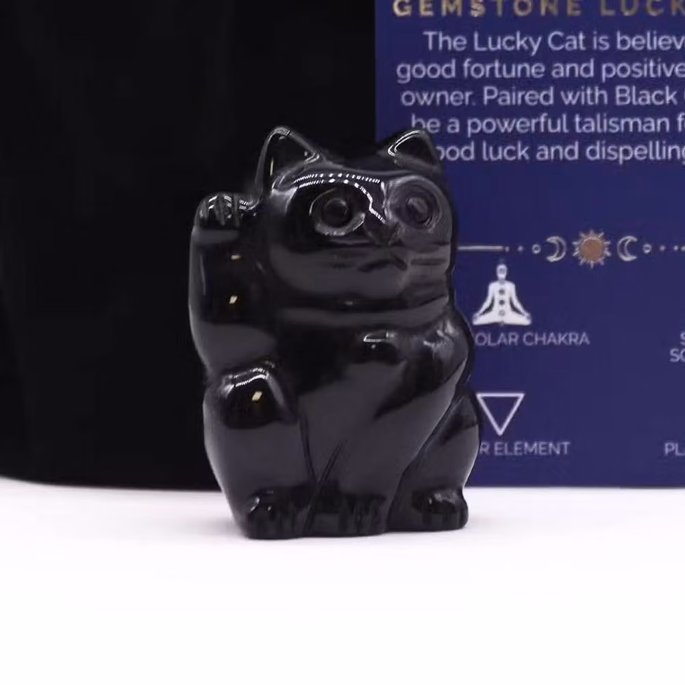 KDMD Black Obsidian and Tiger Eye Lucky Cat Stone Figurine – 2