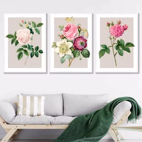 ARTZE Set of 3 Vintage Summer Floral Rose Paper Posters in Pink, White and Beige, W: 29.7 cm, H: 42 cm