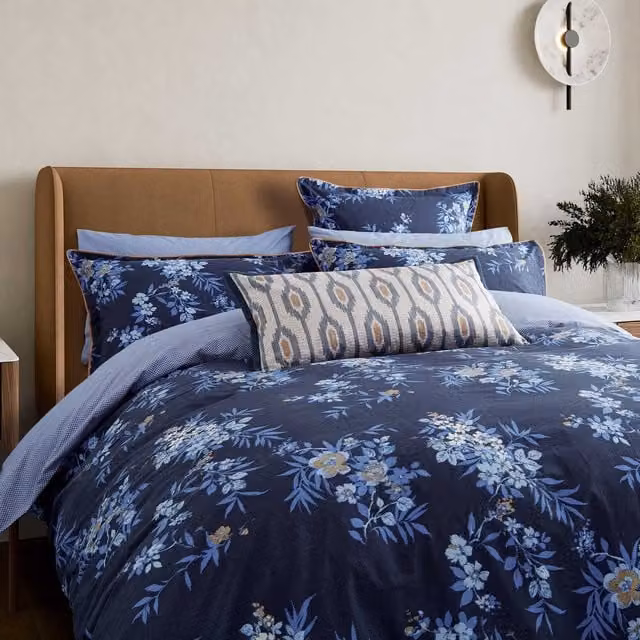 Bedeck of Belfast Nahla Super Kingsize Cotton Percale Duvet Cover and Pillowcase Set, Blue Floral Design, 200 x 220 cm