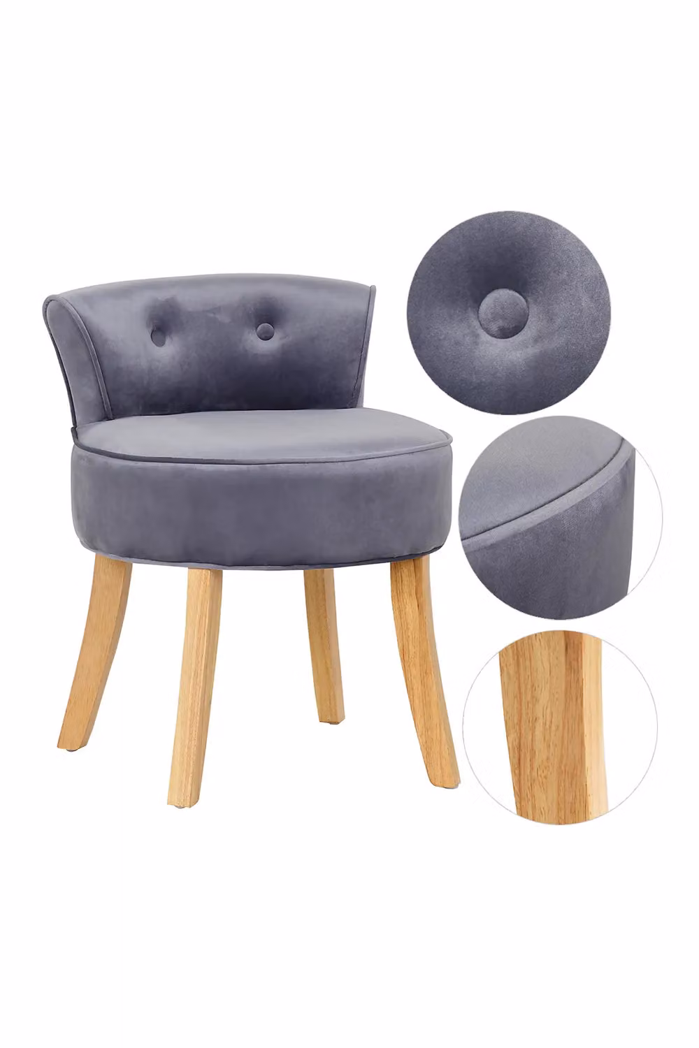 H&O Direct Grey Velvet Soft Vanity Stool with Natural Wood Legs W: 62.0 cm, D: 49.0 cm – 2