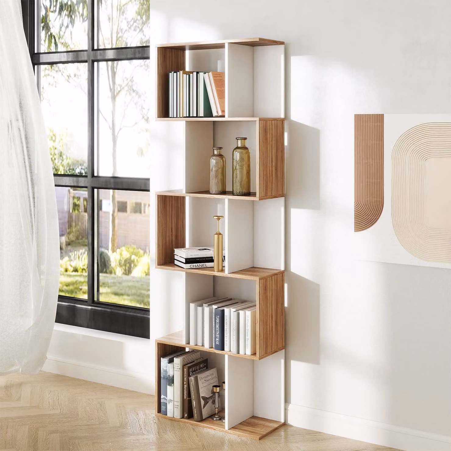 HOMCOM 5-tier S-shape Bookcase and Display Shelving Unit in White – 2