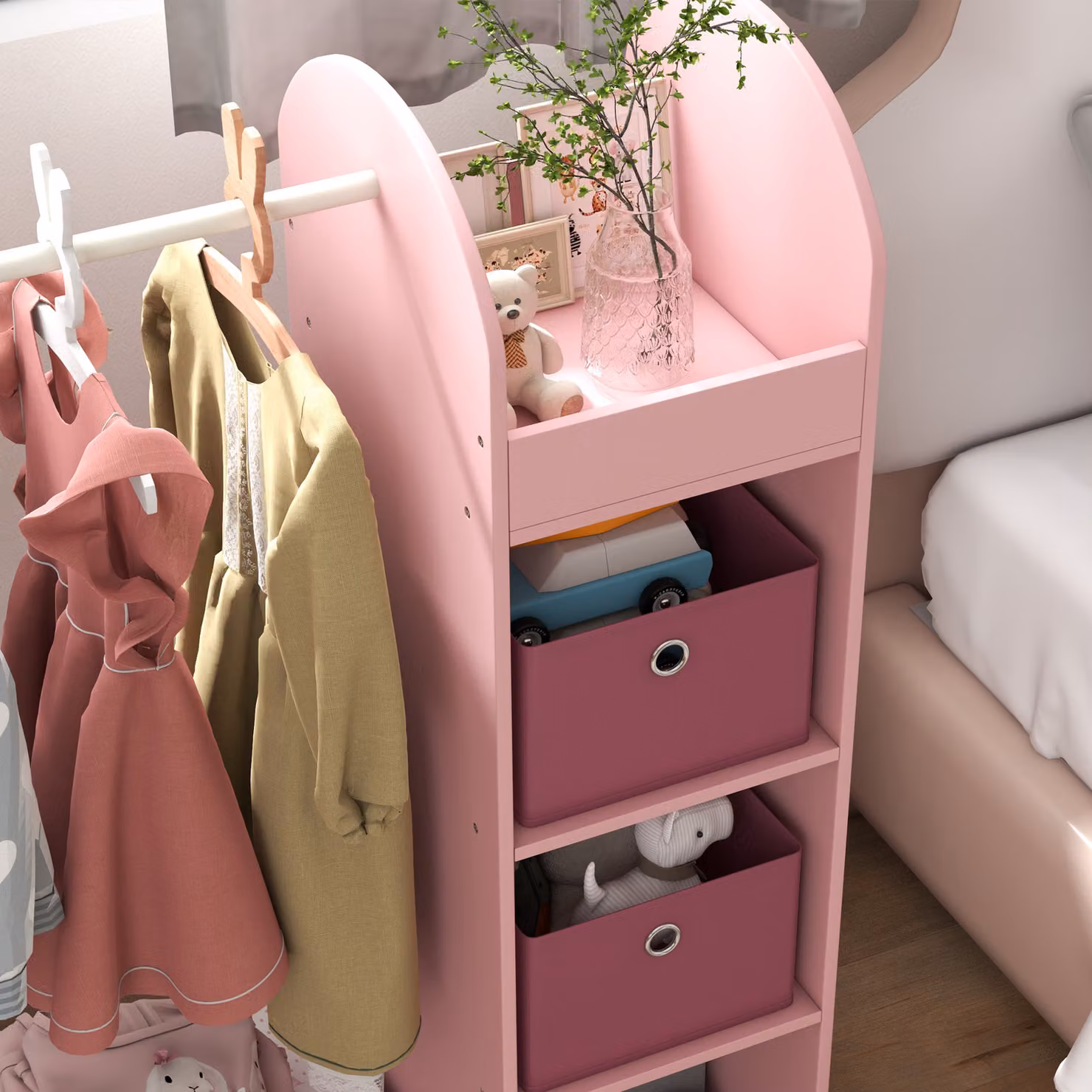 AIYAPLAY Kids Clothes Rail with Storage Shelf, Boxes and Mirror in Pink – 4