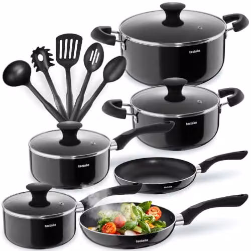 tectake 15-Piece Aluminium Cooking Pot and Pan Set with Non-Stick Coating and Glass Lids in Black – 1