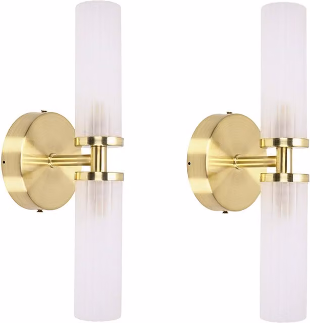 ValueLights Canya Pair of 2 Way IP44 Frosted Reeded Glass Wall Lights in Gold