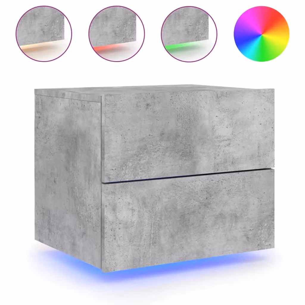 Berkfield Home Wall-mounted Bedside Cabinet with Integrated LED Lights in Grey Concrete Matt Finish – 2