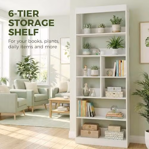 HOMCOM 6-Tier Modern White Bookcase with 4 Cubes and Media Compartments, H 180 x W 68 x D 24 cm – 3