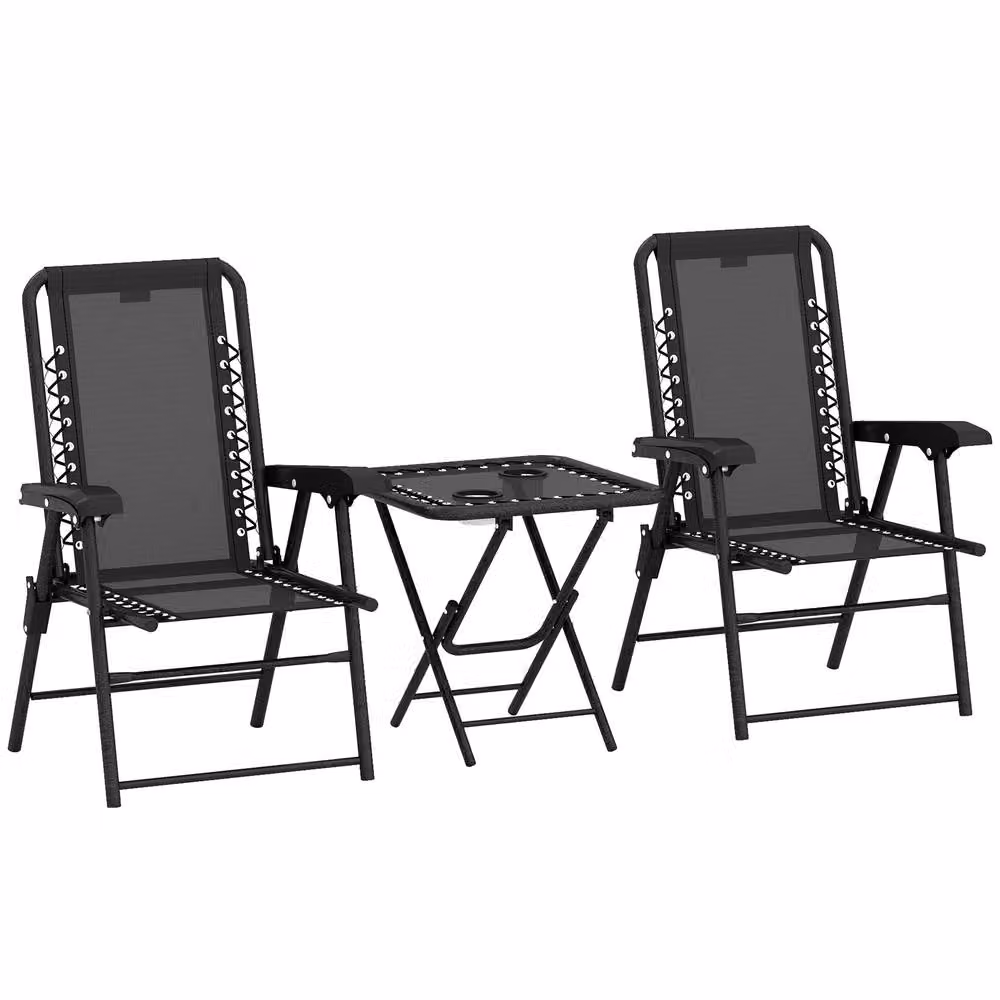 STILVORA Black Metal Garden Bistro Set with Folding Mesh Seats – 6
