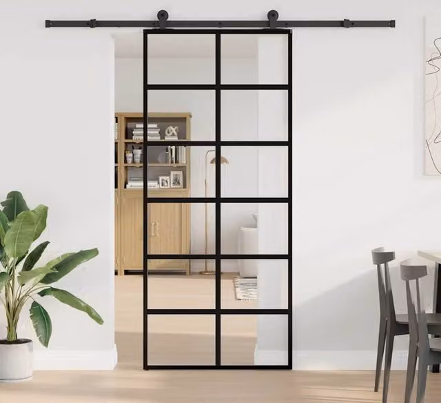 Berkfield Home Modern Sliding Door with Hardware Set, Black ESG Glass and Aluminium, W: 90 cm, H: 205 cm – 1