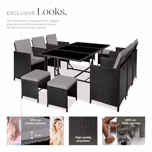 tectake Modern Rattan Garden Furniture Set with Glass Top in Black and Grey – 3