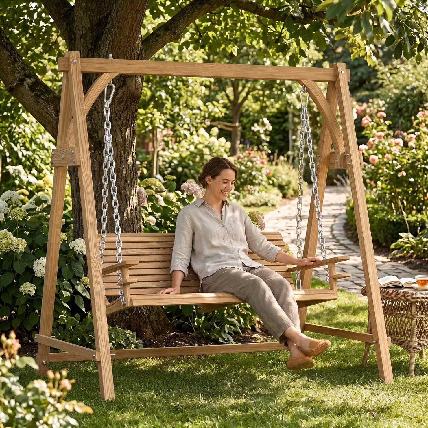 Outsunny 2-Seater Larch Wood Garden Swing Chair Bench in Natural Brown – 4