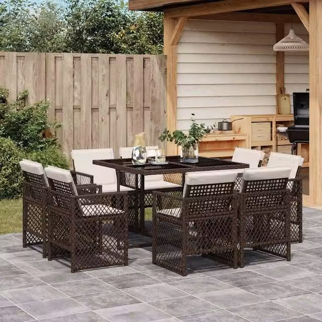 Berkfield Home 9 Piece Brown Poly Rattan Garden Dining Set with Cushions – 1