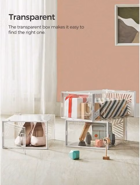 SONGMICS Stackable Transparent White Plastic Shoe Storage Boxes