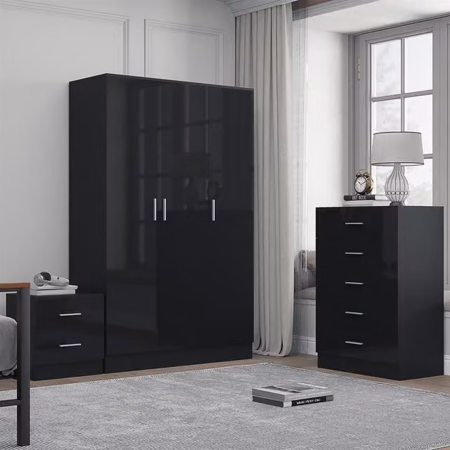 REFLECT Bedroom Furniture Bundle featuring 3-Door Plain Wardrobe, Chest of Drawers and Bedside Table in Black Gloss and Matt Black