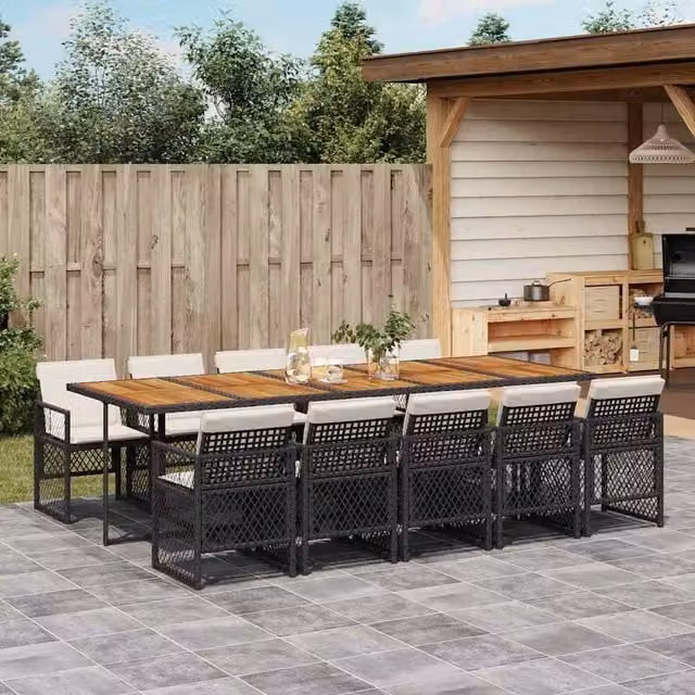 Berkfield Home 11 Piece Black Poly Rattan Garden Dining Set with Acacia Wood and Cushions – 1