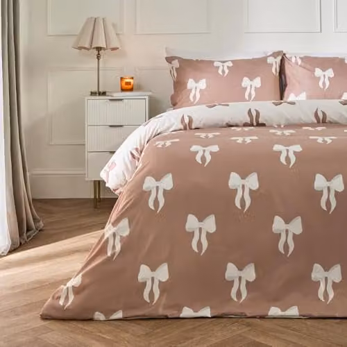 OHS Reversible Microfibre Bow Print Bedding Set in Taupe/Beige, Duvet Cover 200 x 200 cm and Pillowcases 48 x 74 cm