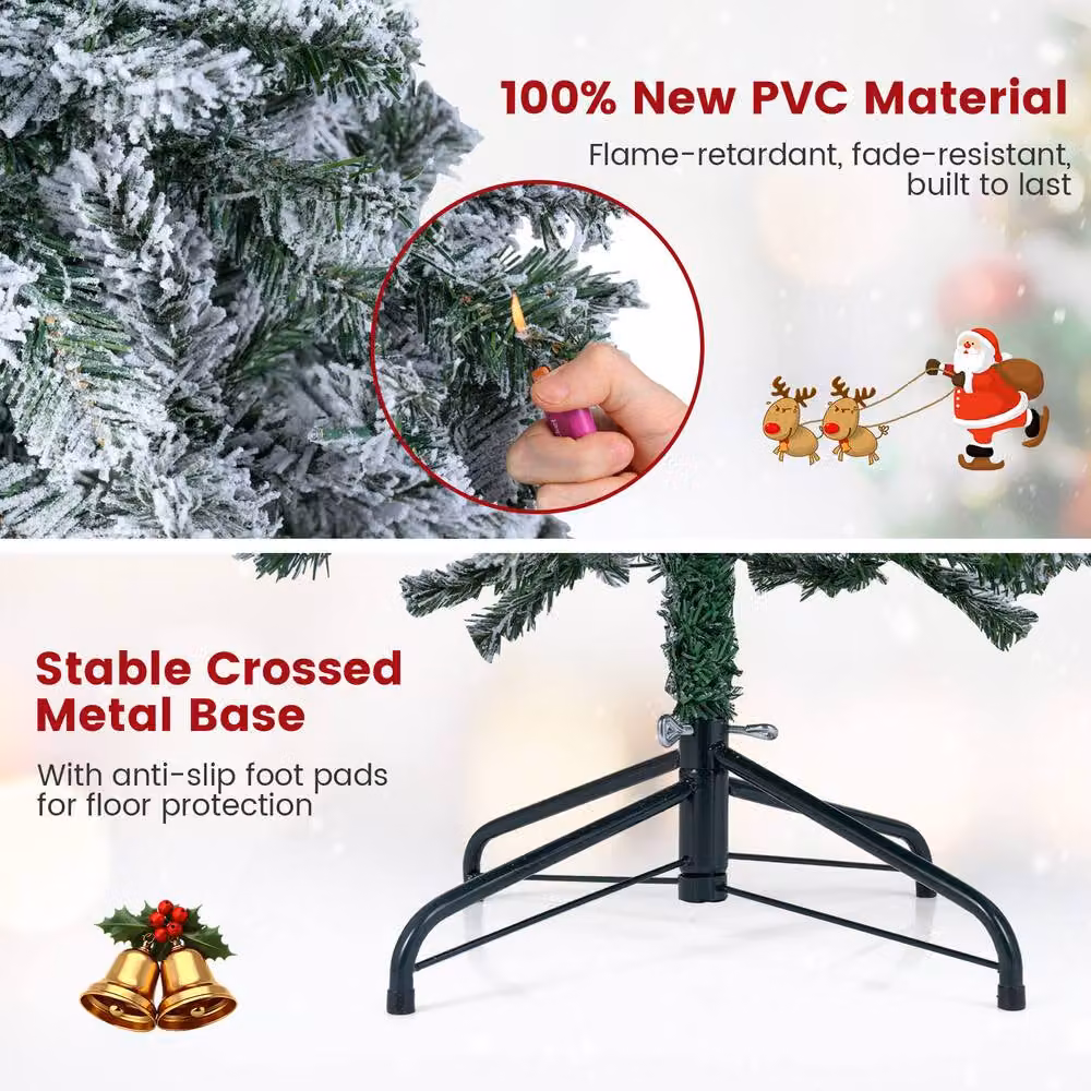 Gymax 150 cm Pre-Lit Slim Pencil Christmas Tree in Green with Thick Snow-flocking – 6