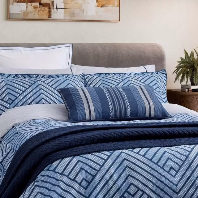 Bedeck of Belfast Kayah Single Duvet Cover and Pillowcase Set, Blue Striped Cotton Percale – 1