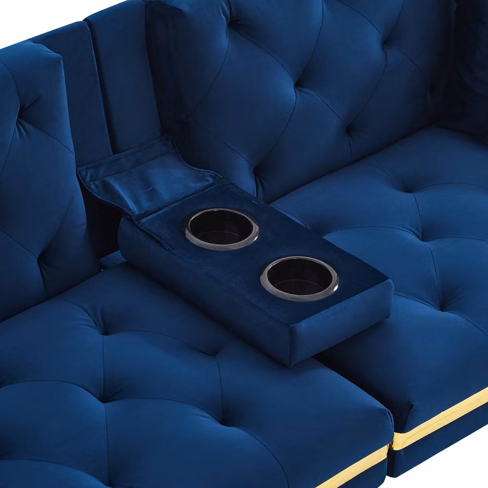 ModernLuxe Blue Velvet 2-Seater Convertible Sofa Bed with Adjustable Headrest and Cup Holders, W/D/H: 140 x 190 x 76 cm – 8