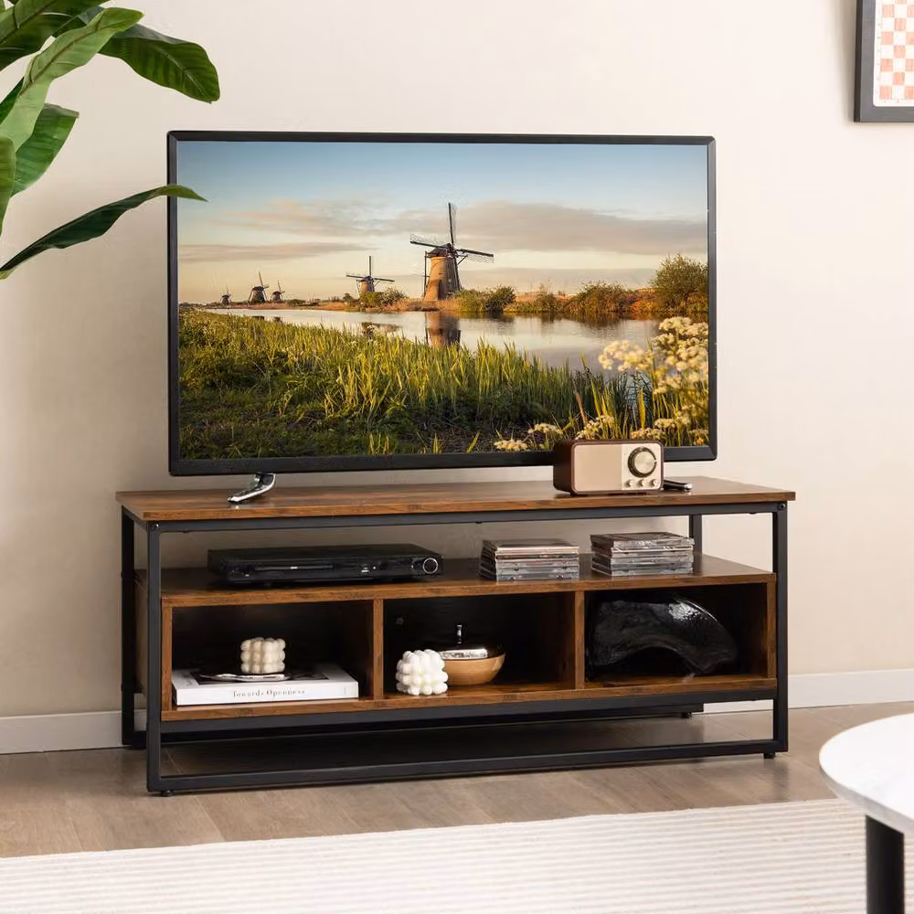 Gymax Industrial Coffee Table and TV Stand with 3 Cubbies, Brown Wood and Metal Frame – 6