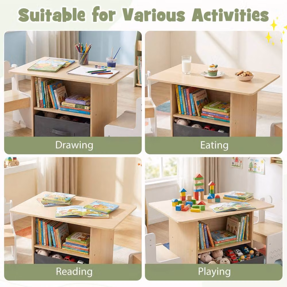 CASART Kids Wooden Activity Table and 2 Chairs Set with Drawer in Sand – 4