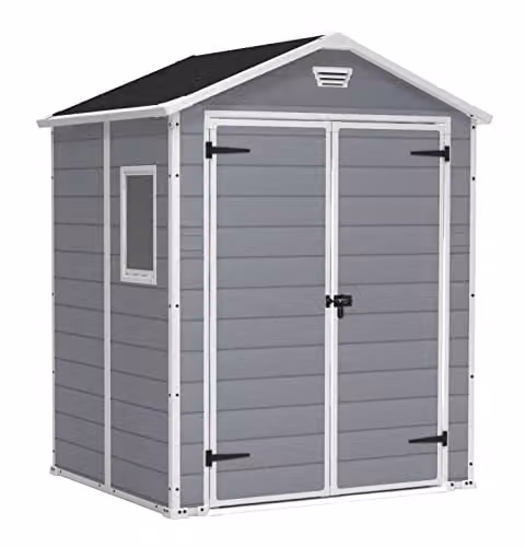 Keter Manor Garden Shed in Grey with Double Doors, Window and Side Vent – 1