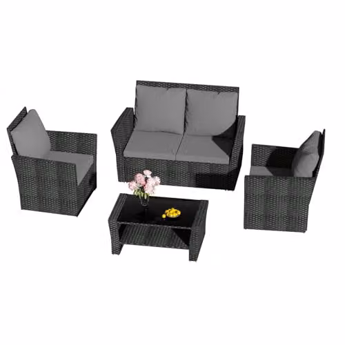 BIRCHTREE 4 Seater Rattan Garden Furniture Set with Sofa, Armchair, Coffee Table and Cushions in Black – 6