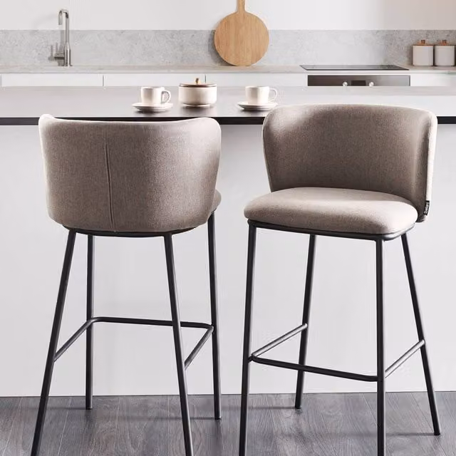 Wyld and Coco Set of 2 Taupe Bar Chairs with Armless Curved Back and Black Metal Legs in Beige