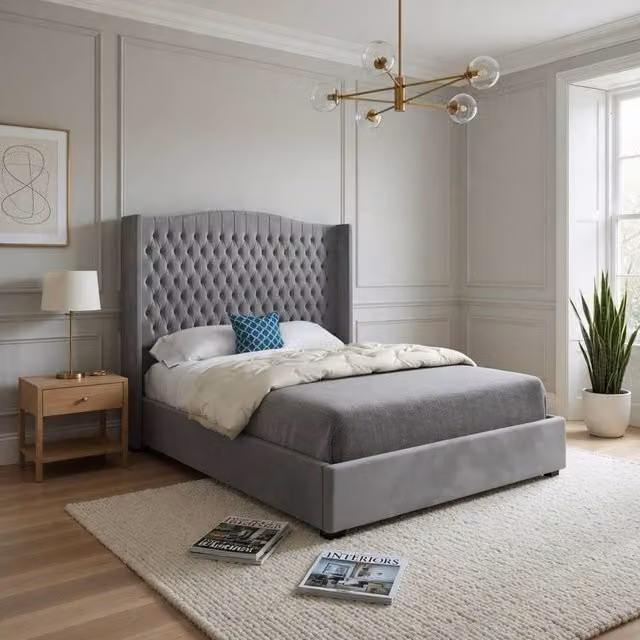 Casani Rousdon Winged Upholstered Grey Velvet Designer Bed Frame, W/D/H: 200 x 137 x 189 cm – 1