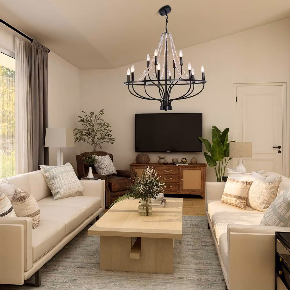 NIVOR 12-Light Dimmable Wagon Wheel Chandelier with Beaded Accents in Black – 3