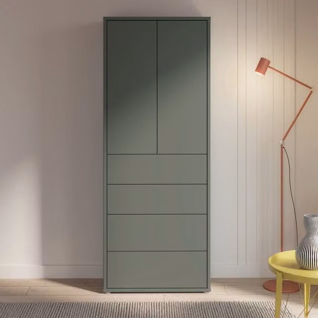 Furniture To Go Alice Springs Tall Storage Cabinet with Push-Open Doors and 4 Drawers in Sand and Sage Green