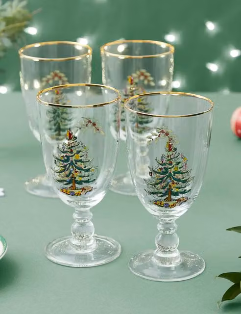 Spode Set of 4 Multicolour Christmas Tree Glass Wine Tumblers