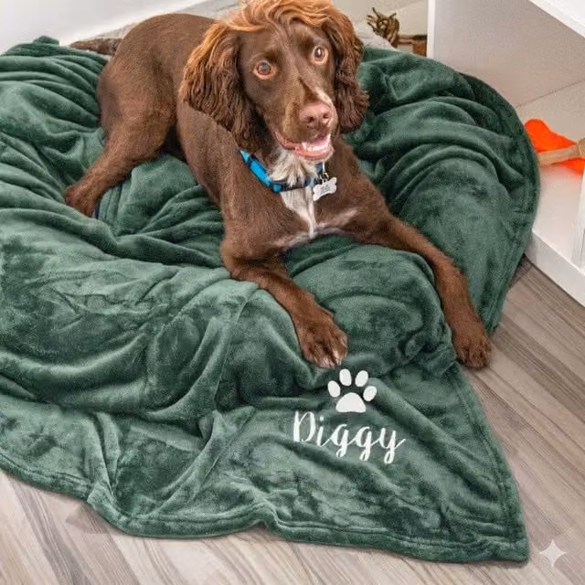 Duncan Stewart Personalised Fleece Dog Blanket Throw in Green, W/D: 180 x 140 cm