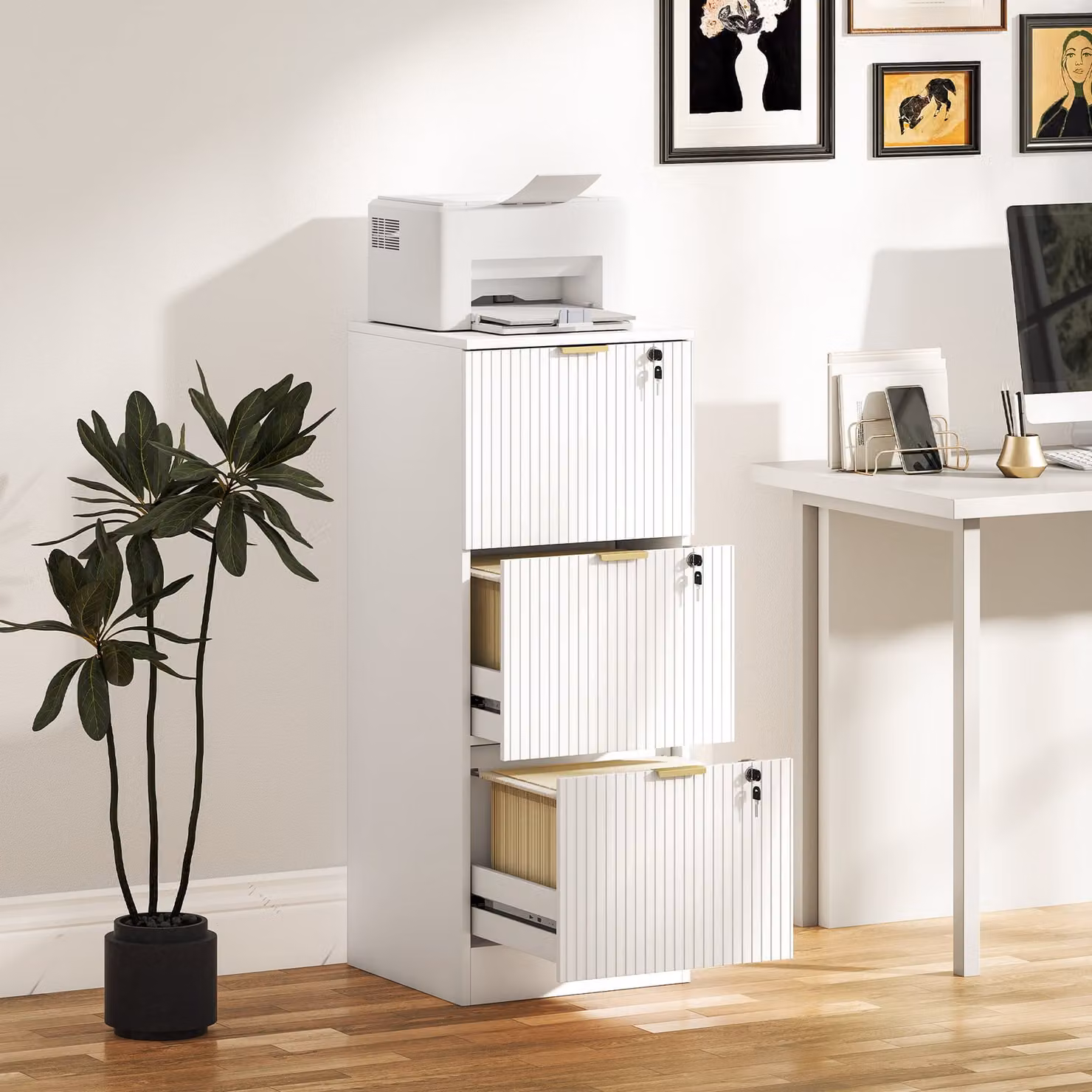 HOMCOM Modern White and Gold Filing Cabinet with Lockable Drawers, Hanging Rod and Adjustable Shelves – 2