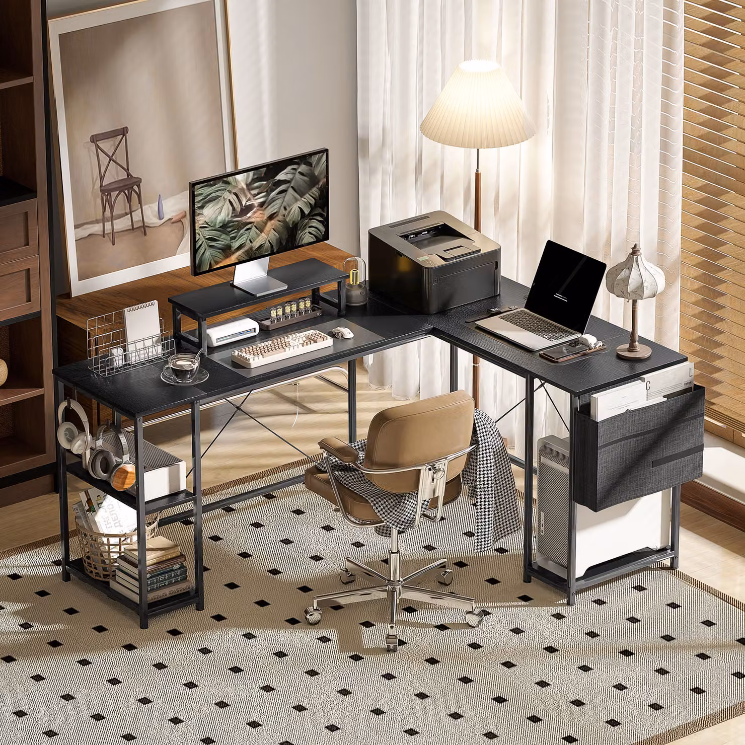 HOMCOM Black Reversible L Shaped Industrial Corner Computer Desk with Adjustable Shelf, Monitor Stand and Storage Bag, 168 cm – 2
