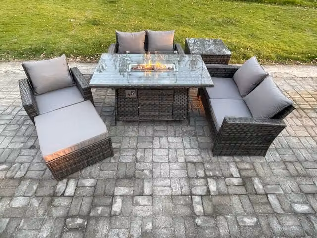 Fimous 6 Seater Rattan Outdoor Garden Furniture Set with Gas Fire Pit Table, Love Sofa, Armchairs, Footstool and Side Table in Dark Grey